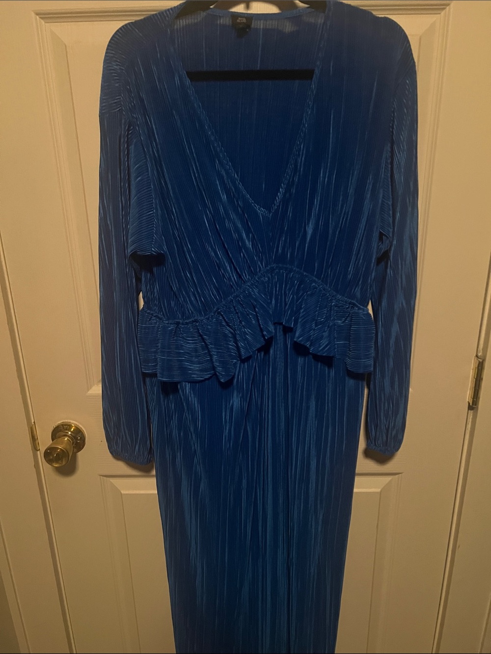 River Island Royal Blue Pleated V-Neck Long Sleeve Peplum Dress